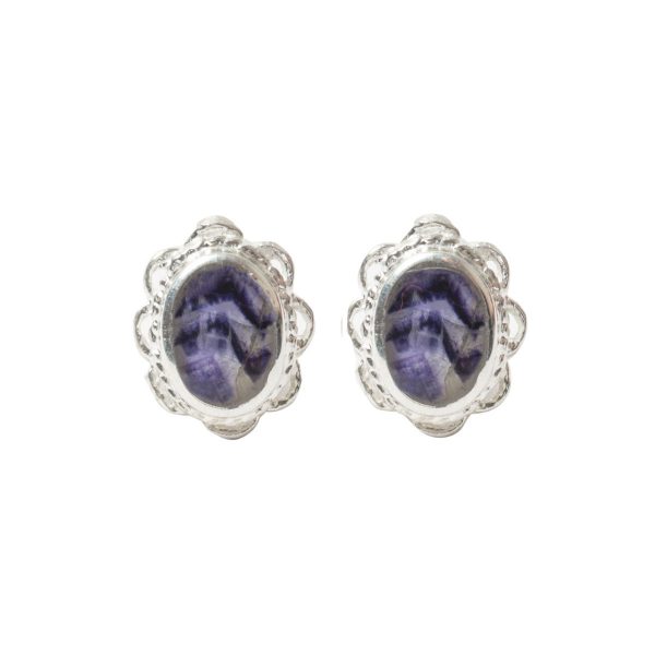 Silver Oval Blue John Stone Frill Edge Stud Earrings