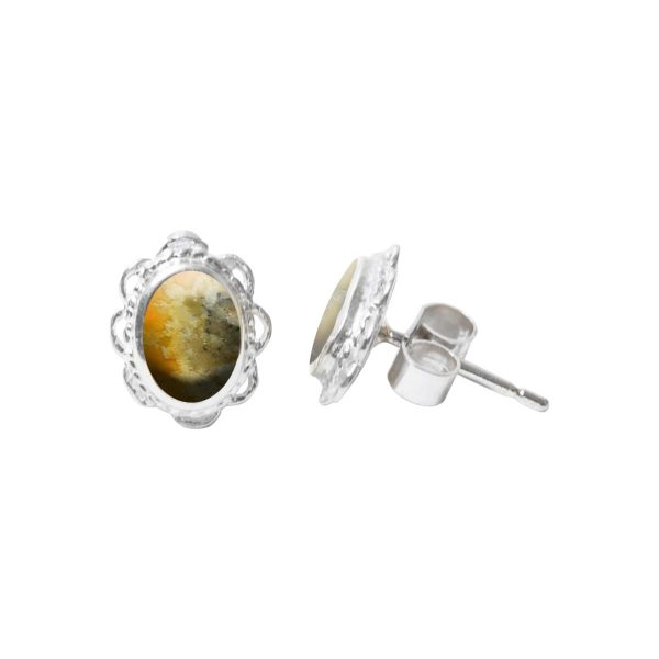 Silver Bumblebee Jasper Oval Stud Earrings