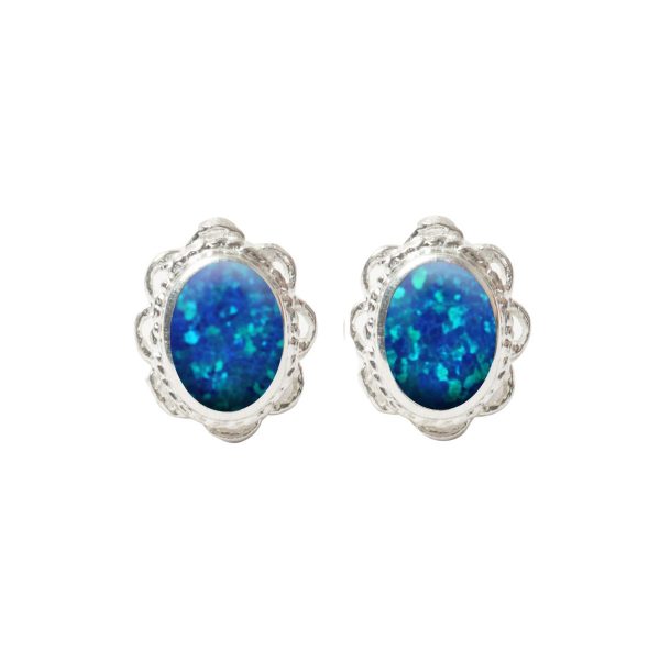 Silver Cobalt Blue Opalite Oval Stud Earrings