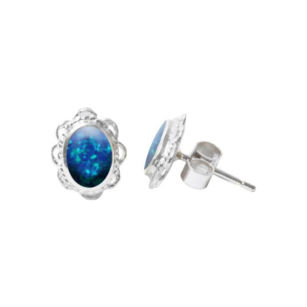 Silver Oval Cobalt Blue Opalite Stud Earrings