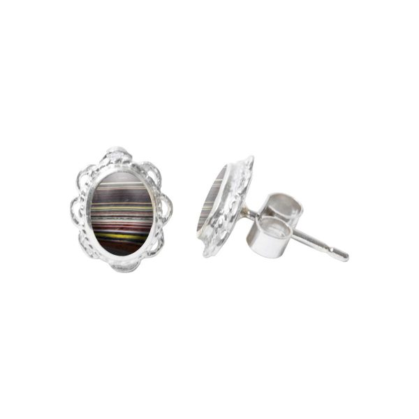 Silver Fordite Oval Stud Earrings