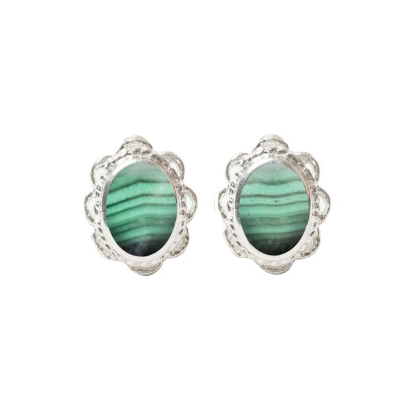 Silver Malachite Oval Stud Earrings