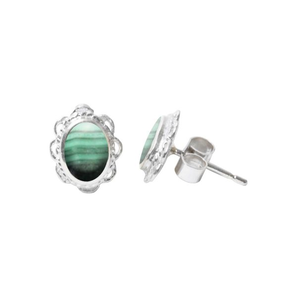 Silver Malachite Oval Stud Earrings