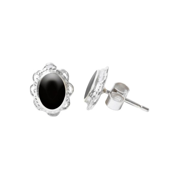 Silver Whitby Jet Oval Stud Earrings