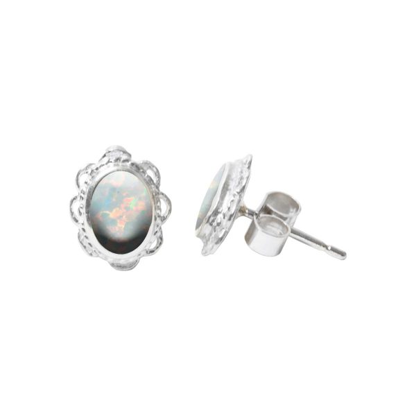 White Gold Opalite Sun Ice Oval Stud Earrings