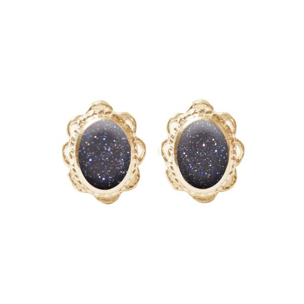 Yellow Gold Blue Goldstone Oval Stud Earrings