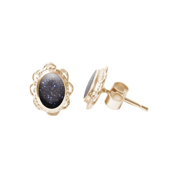 Gold Blue Goldstone Oval Stud Earrings