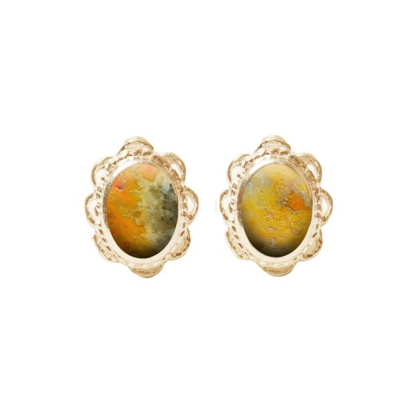 Gold Bumblebee Jasper Oval Stud Earrings