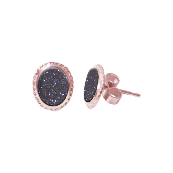 Rose Gold Blue Goldstone Oval Stud Earrings