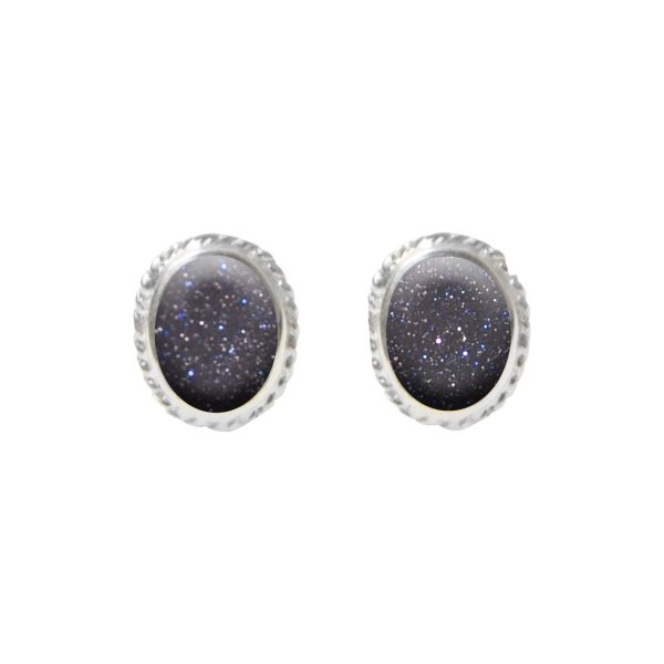 Silver Blue Goldstone Oval Stud Earrings