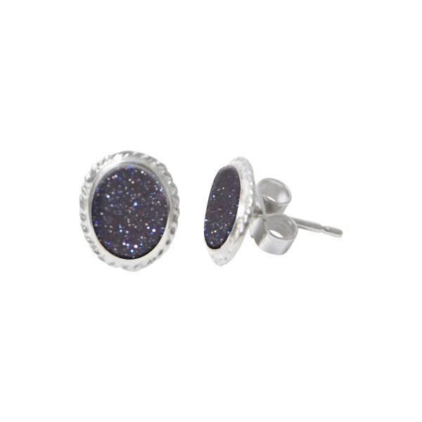 Silver Blue Goldstone Oval Stud Earrings