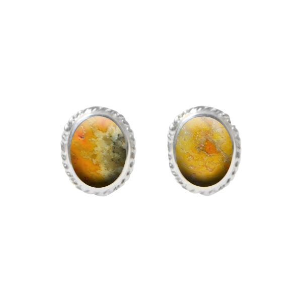 Silver Bumblebee Jasper Oval Stud Earrings