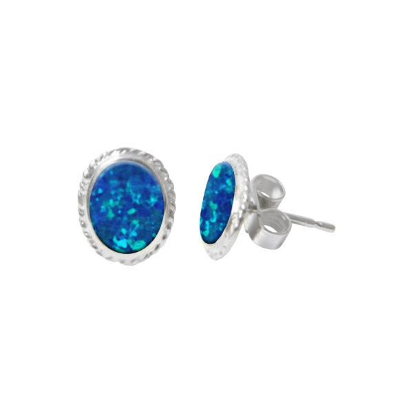 Silver Opalite Cobalt Blue Oval Stud Earrings