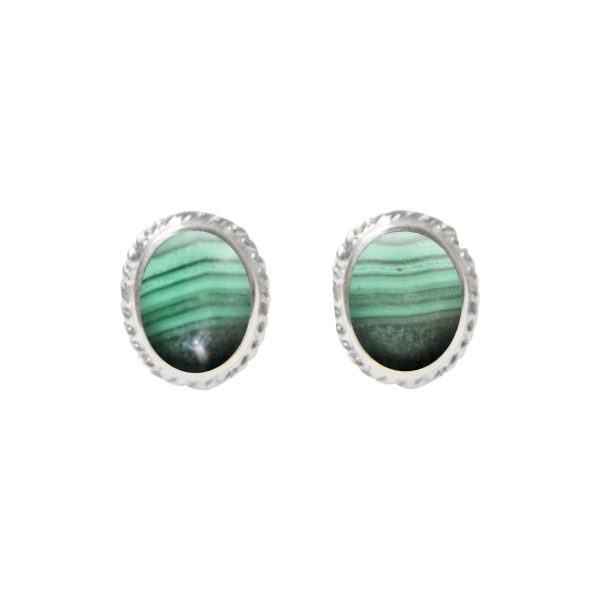 Silver Malachite Oval Stud Earrings