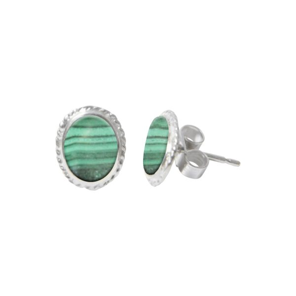 Silver Malachite Oval Stud Earrings