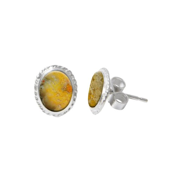 White Gold Bumblebee Jasper Oval Stud Earrings