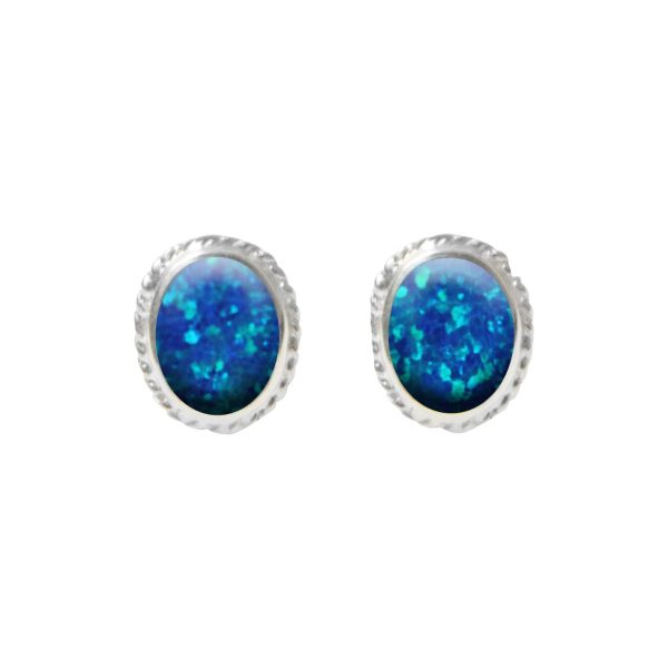 White Gold Opalite Cobalt Blue Oval Stud Earrings