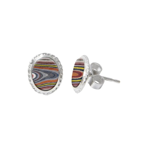 White Gold Fordite Oval Stud Earrings