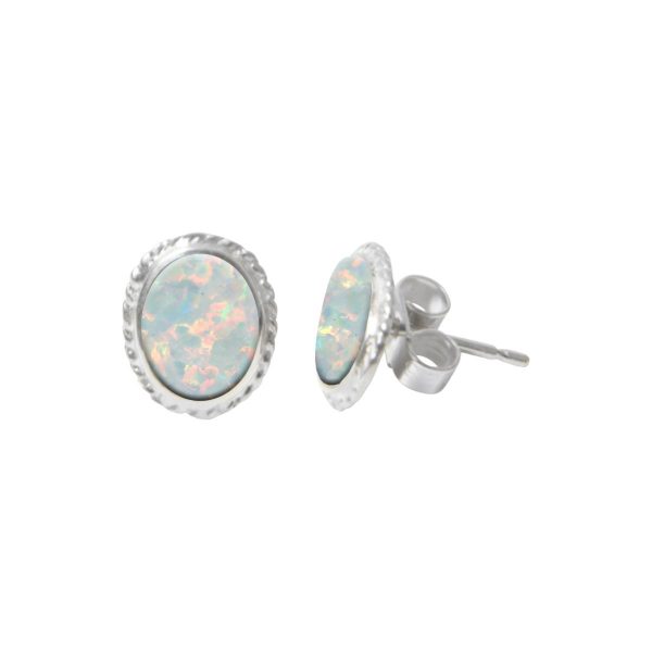 White Gold Opalite Sun Ice Oval Stud Earrings