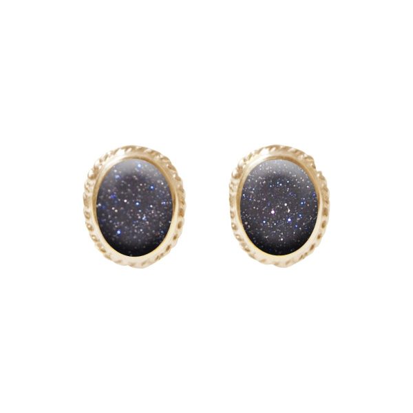 Gold Blue Goldstone Oval Stud Earrings