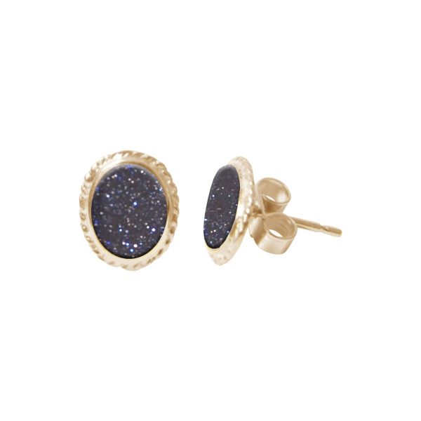Gold Blue Goldstone Oval Stud Earrings