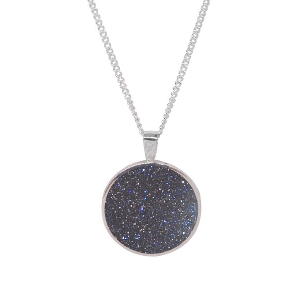 White Gold Blue Goldstone Round Double Sided Pendant