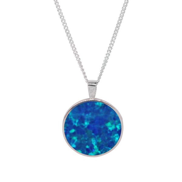 White Gold Opalite Cobalt Blue Round Double Sided Pendant