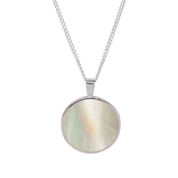 White Gold Mother of Pearl Round Double Sided Pendant