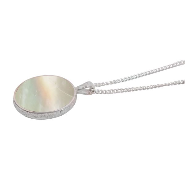 White Gold Mother of Pearl Round Double Sided Pendant