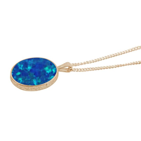 Yellow Gold Opalite Cobalt Blue Round Double Sided Pendant