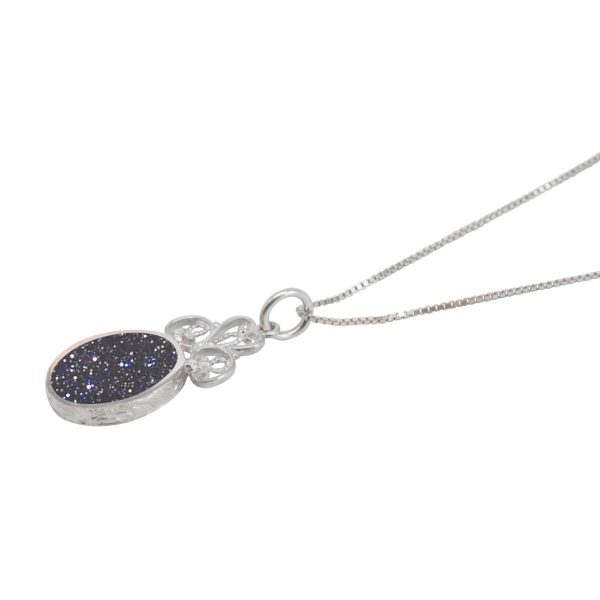 Silver Blue Goldstone Oval Double Sided Pendant