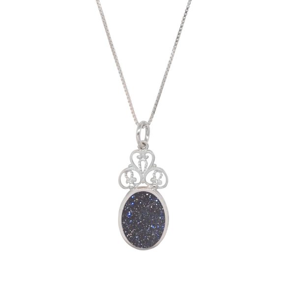 Silver Blue Goldstone Oval Double Sided Pendant