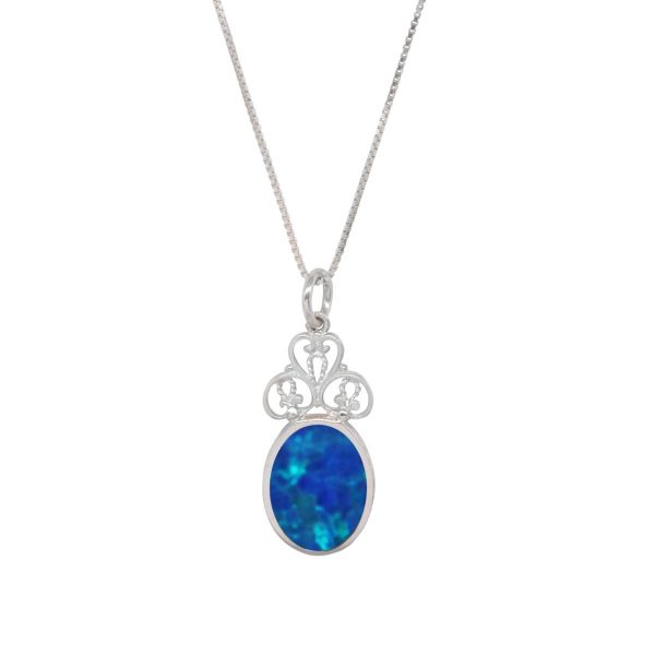 White Gold Opalite Cobalt Blue Oval Double Sided Pendant