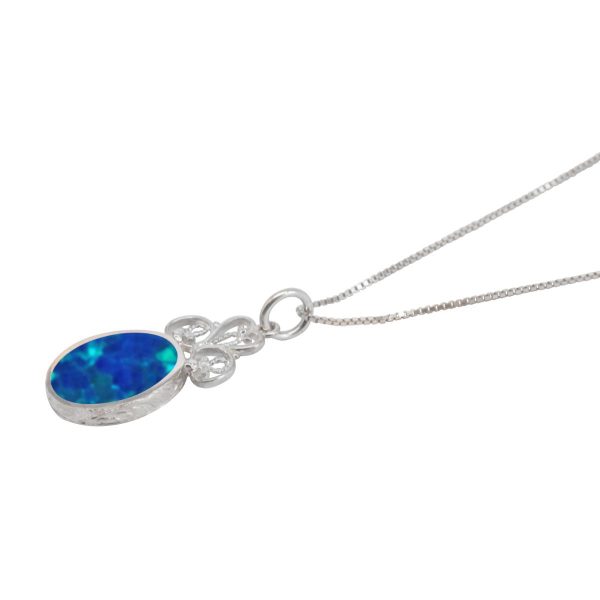 White Gold Opalite Cobalt Blue Oval Double Sided Pendant