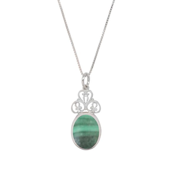 White Gold Malachite Oval Double Sided Pendant