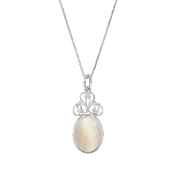 White Gold Mother of Pearl Oval Double Sided Pendant