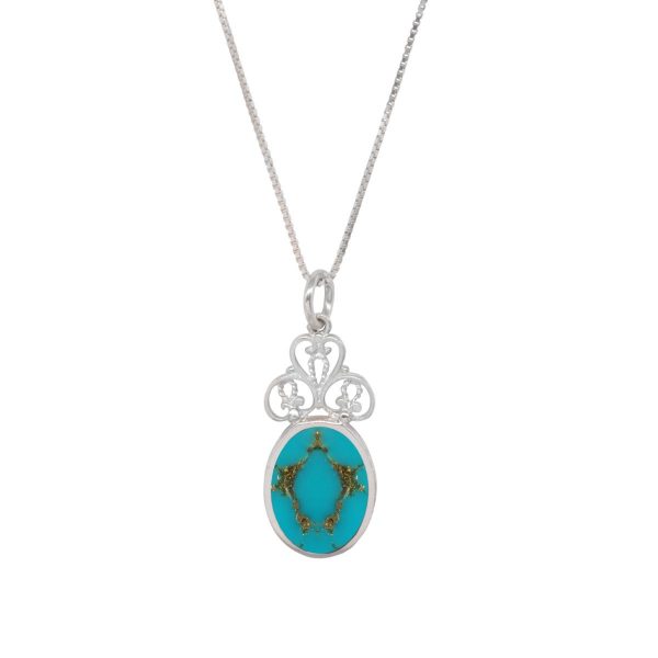 White Gold Turquoise Oval Double Sided Pendant