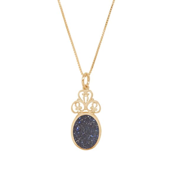 Yellow Gold Blue Goldstone Oval Double Sided Pendant