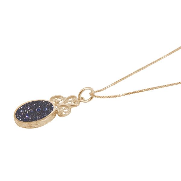 Yellow Gold Blue Goldstone Oval Double Sided Pendant