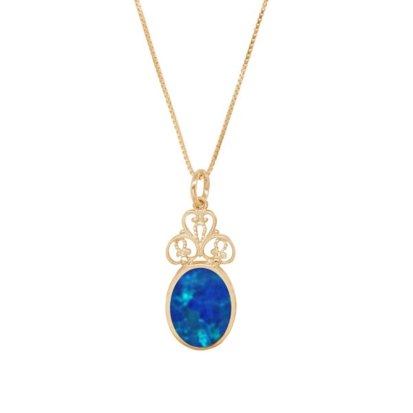 Yellow gold Opalite Cobalt Blue Oval Double Sided Pendant