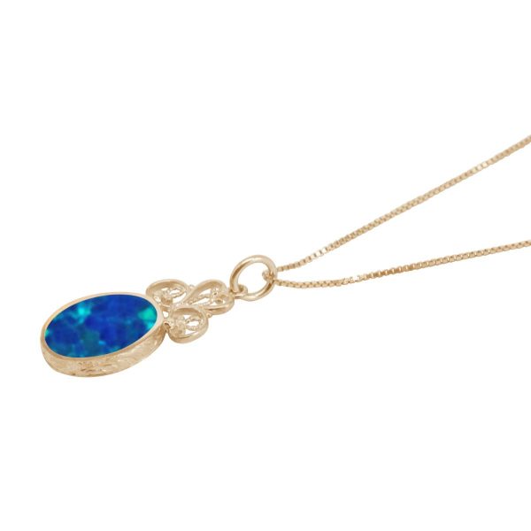 Yellow Gold Opalite Cobalt Blue Oval Double Sided Pendant