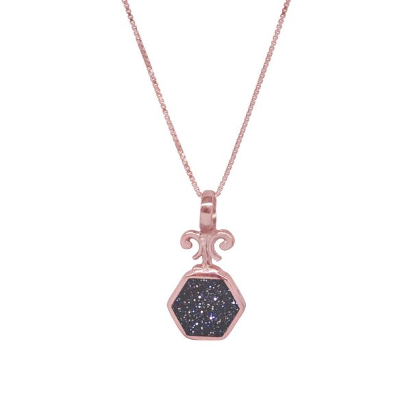 Rose Gold Blue Goldstone Hexagonal Double Sided Pendant