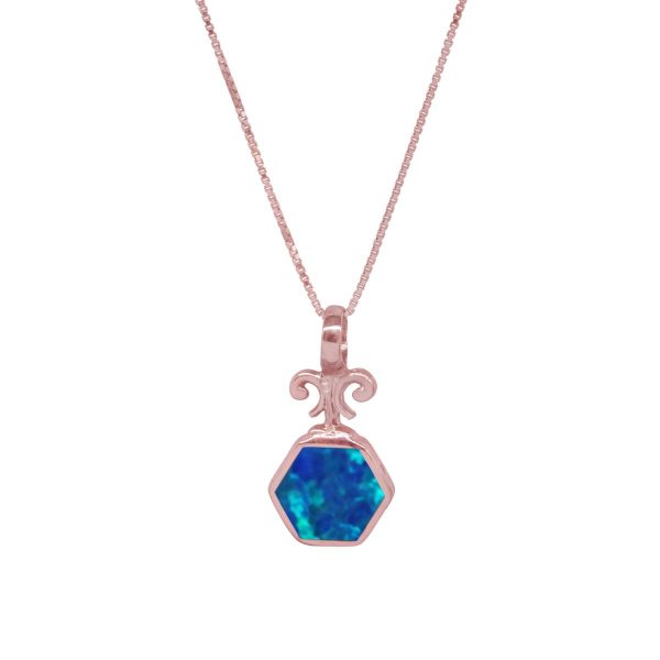 Rose Gold Opalite Cobalt Blue Hexagonal Double Sided Pendant