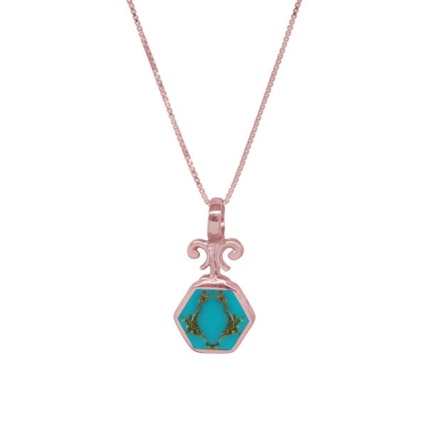 Rose Gold Turquoise Hexagonal Double Sided Pendant