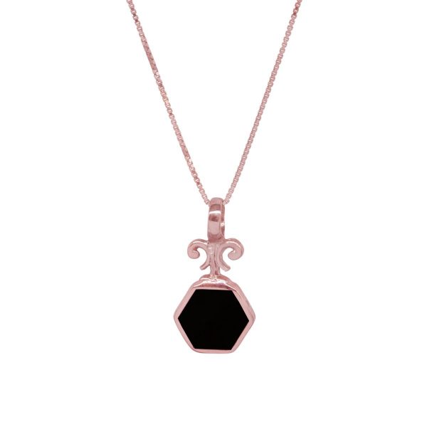 Rose Gold Whitby Jet Hexagonal Double Sided Pendant