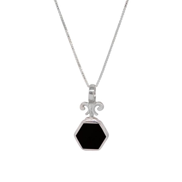 Silver Whitby Jet Hexagonal Double Sided Pendant