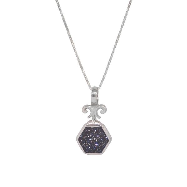 White Gold Blue Goldstone Hexagonal Double Sided Pendant