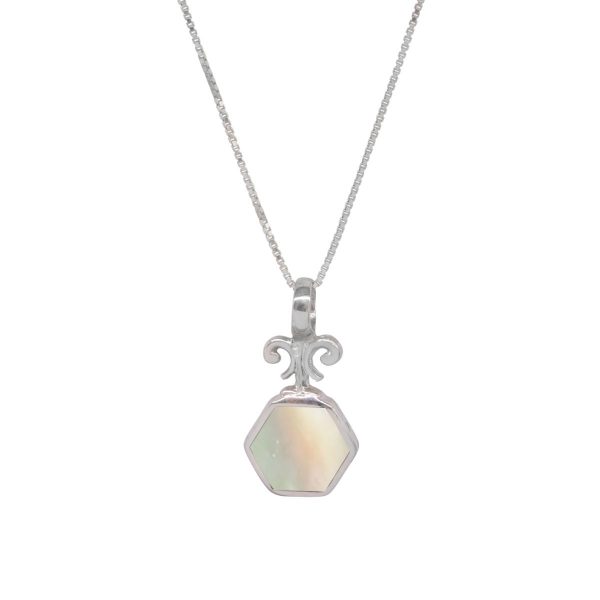 White Gold Mother of Pearl Hexagonal Double Sided Pendant