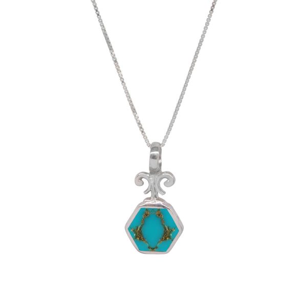 White Gold Turquoise Hexagonal Double Sided Pendant