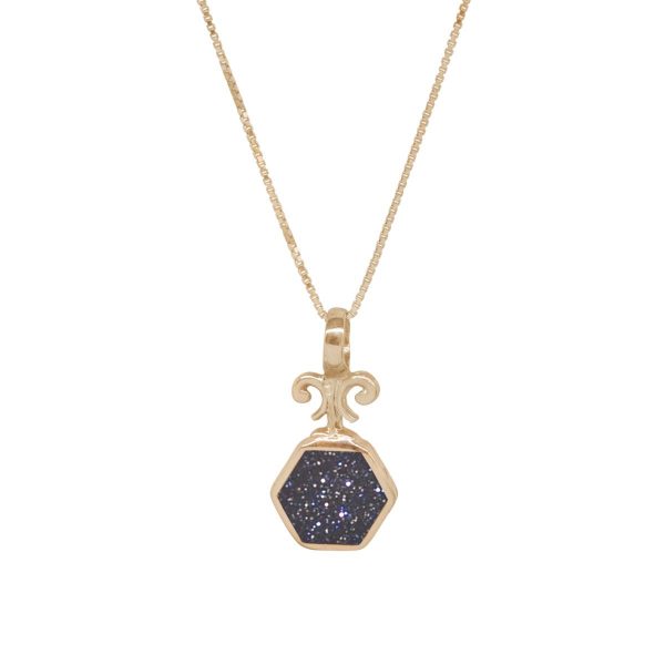 Yellow Gold Blue Goldstone Hexagonal Double Sided Pendant